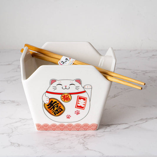 Urban Tokyo - 16oz 5"W x 4"H Takeout Box Serving Bowl With Chopsticks Lucky Cat (1/24)