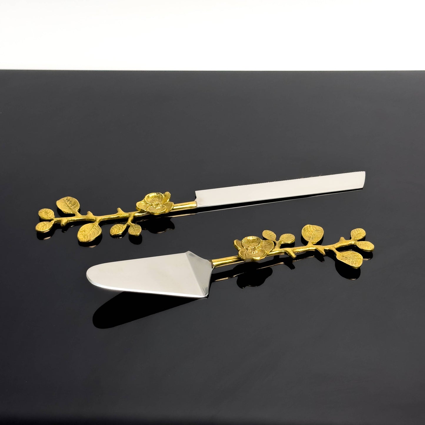 India Handicrafts Inc - Alu-Gold Floral Cake Servers, Set of 2
