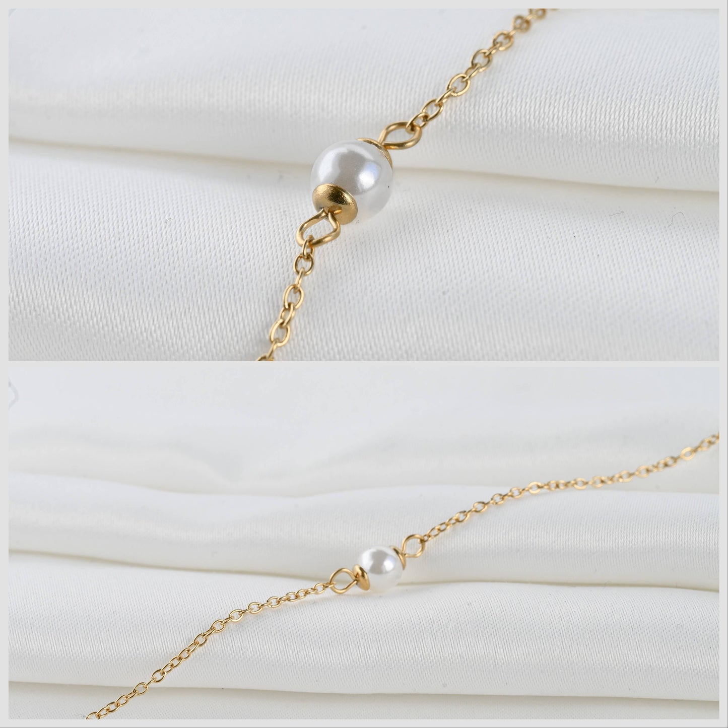 Blueyejewelry - Dainty Pearl Bracelets - 18k Gold Pearl Chain Bracelets: A. Single Pearl