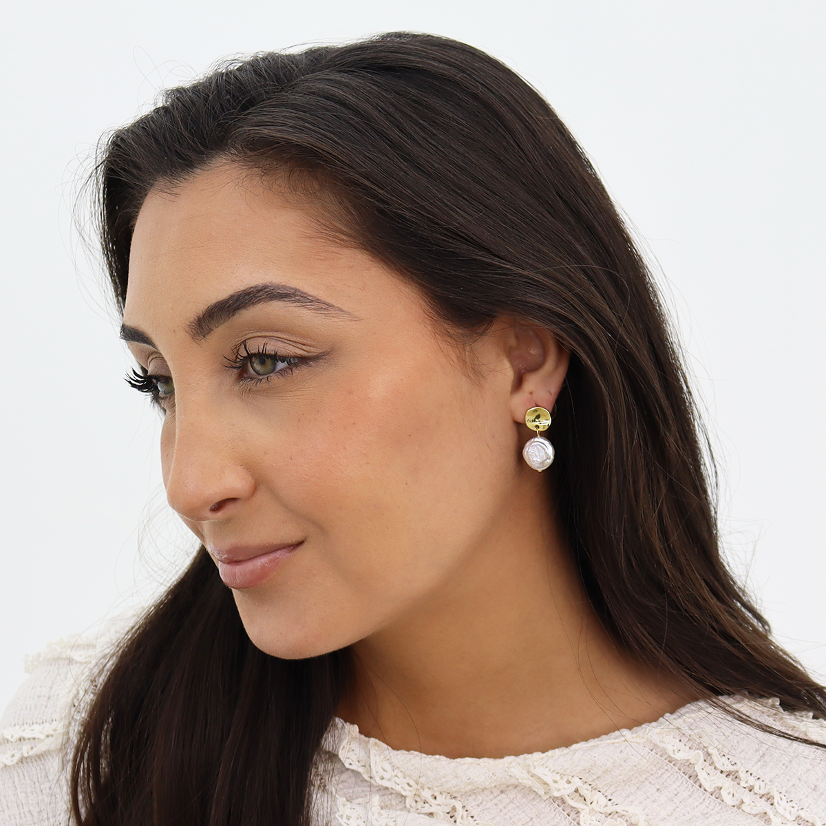 KARINE SULTAN - Elegant Coin Studs with Flat Pearl Drop - 24K Gold Plated: Yellow Gold