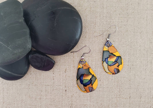 Covaly Artisan Jewelry - Alcohol Ink Small Teardrop Earrings: Blue/Browns