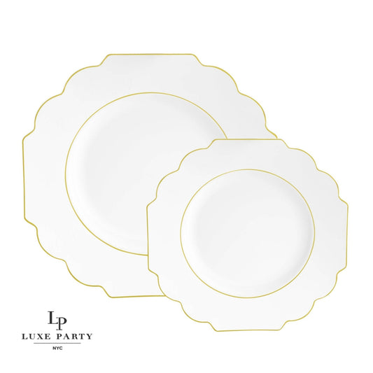 Luxe Party - Scalloped White • Gold Plastic Plates | 10 Pack: 10 Plastic Plates / 8" Appetizer Plates