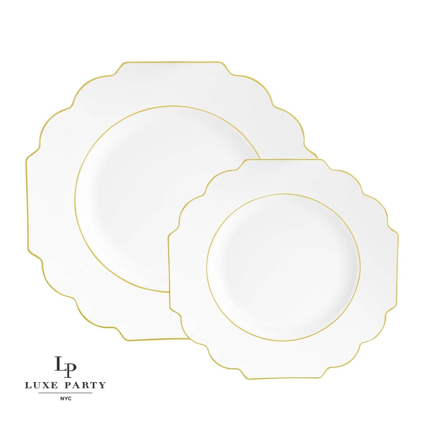 Luxe Party - Scalloped White • Gold Plastic Plates | 10 Pack: 10 Plastic Plates / 10.7" Dinner Plates