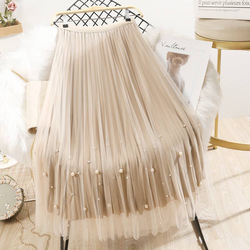 PEACH ACCESSORIES - Elegant Pleated Midi Skirt with Pearl Details SK209: Blue