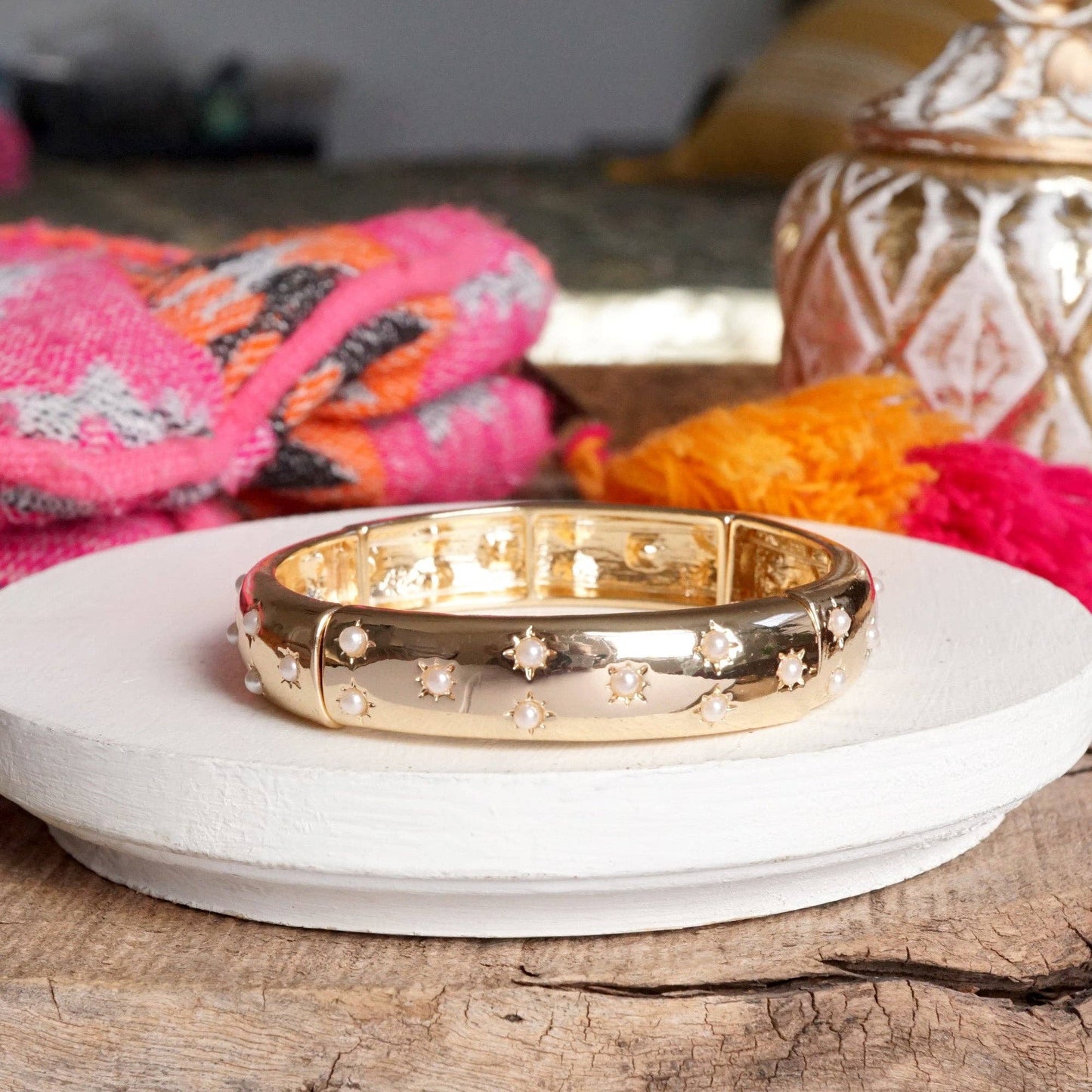 PennyLine inc - Gold-Tone Eternity Stretch Bangle – Pearls, Turquoise, or Crystals: Skinny - Pearls