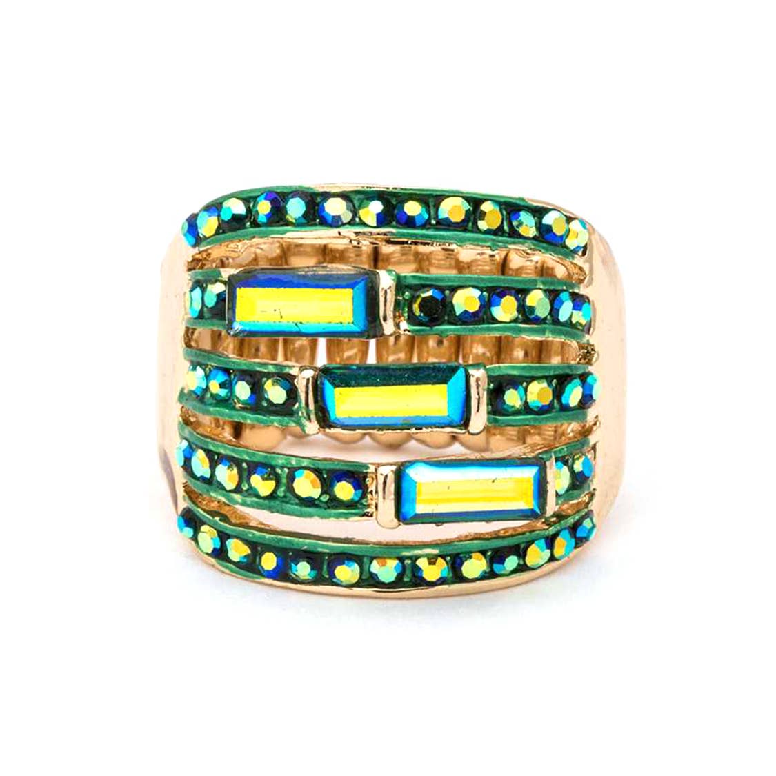 Artini Accessories - Crystal Baguette Stretch Cocktail Ring: Gold