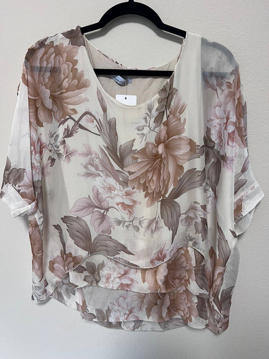 Dance in Paris - New Top-Italian Print Silk with Front Bottom Layers: Beige/Taupe