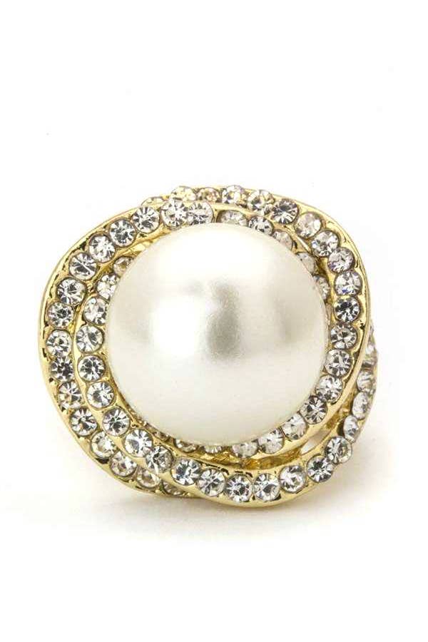 Artini Accessories - Pearl & Crystals Stretch Ring: Silver