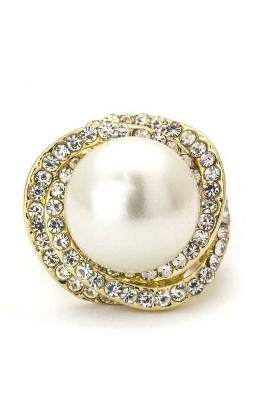 Artini Accessories - Pearl & Crystals Stretch Ring: Gold