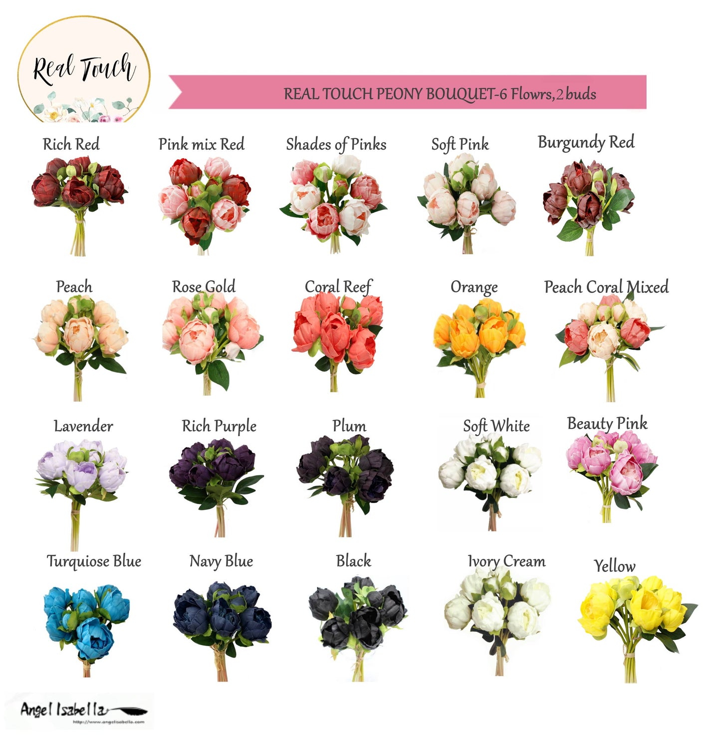 Angel Isabella - 10.5" Real touch artificial Peony bundle-8 Flowers and buds: Ivory