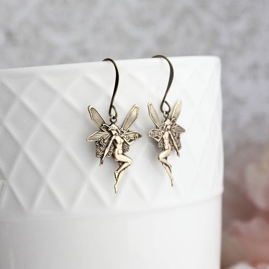 A Pocket of Posies - Fairy Earrings | Mystical Earrings | Silver Wing Earrings: Antiqued Gold Brass