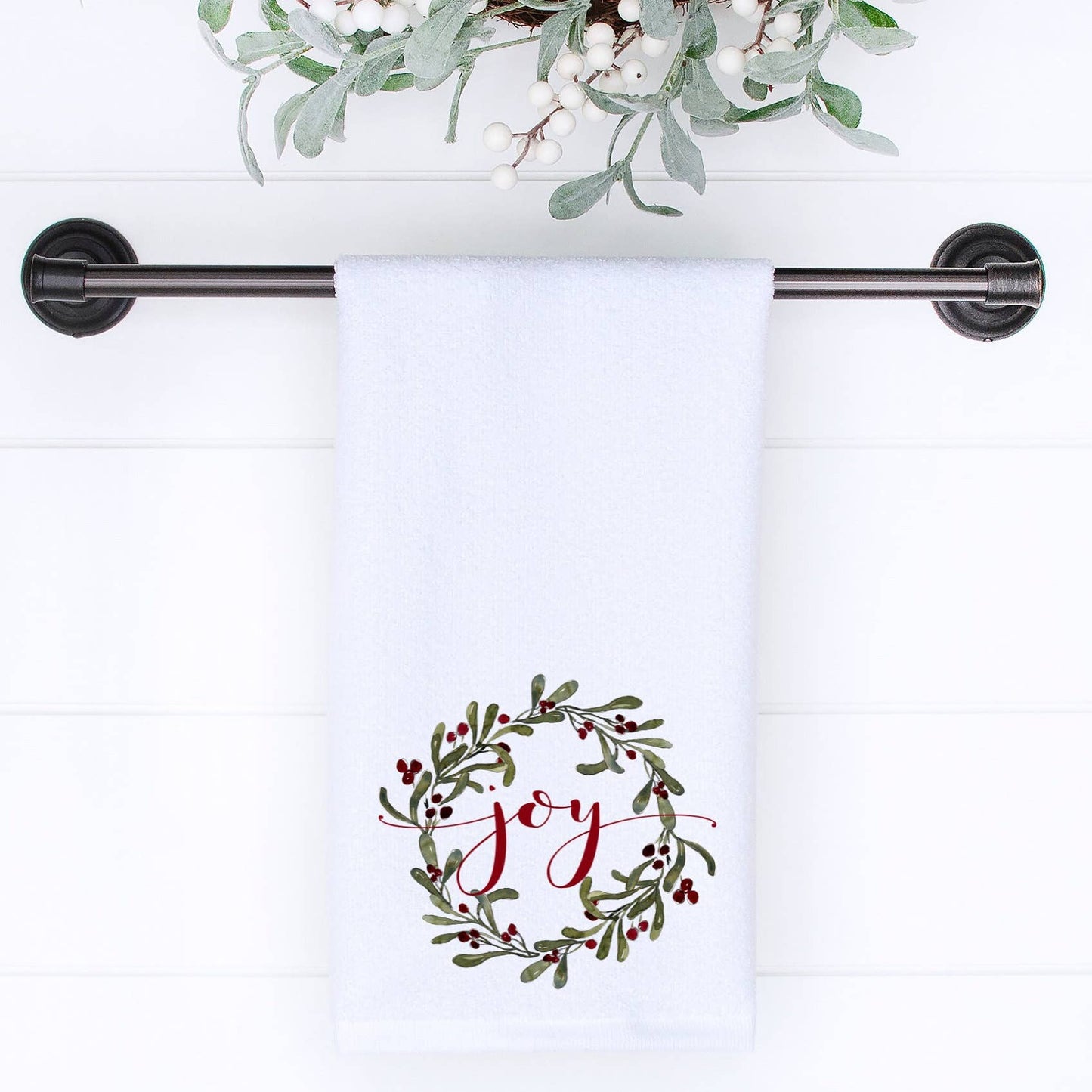 Fernville Creations - Elegant Christmas "Joy" Wreath Holiday / Winter Hand Towel