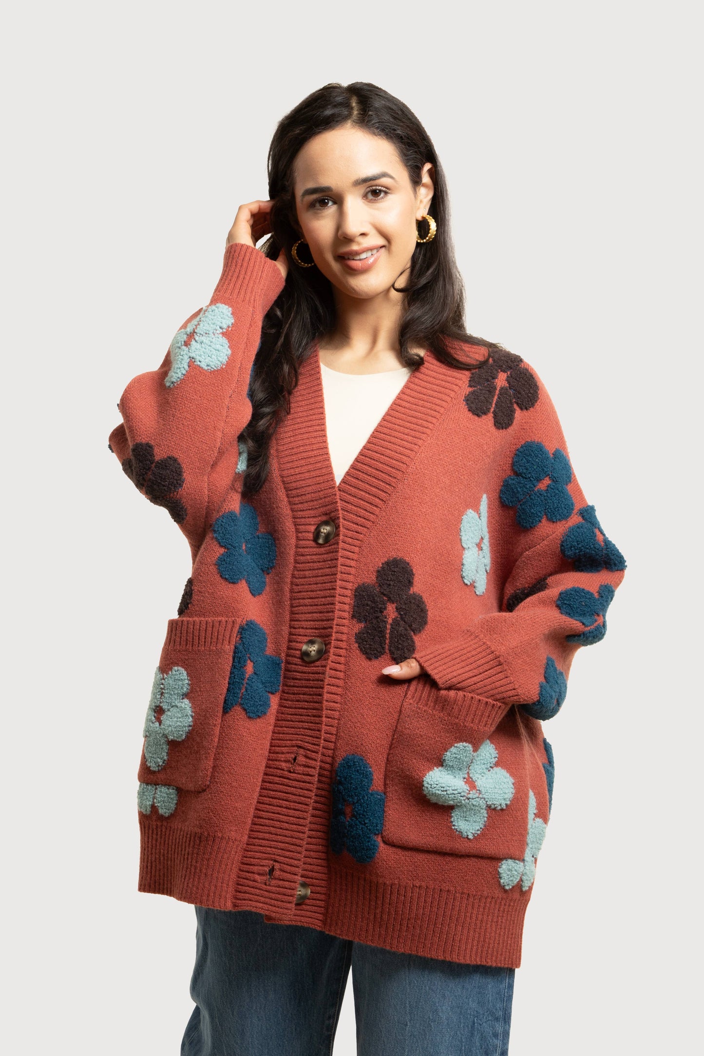 SAACHI - Autumn Floral Knit Cardigan: Green