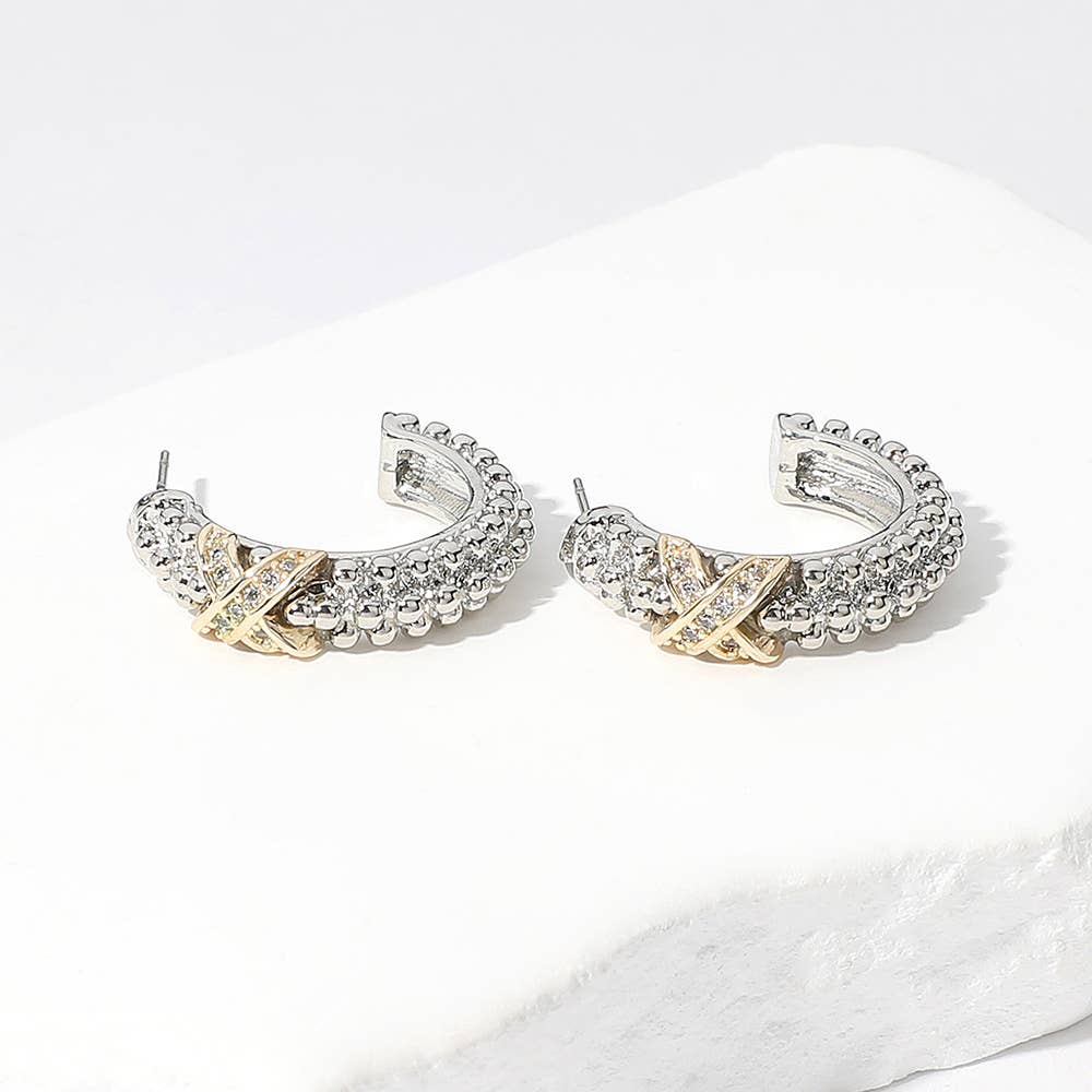 Sensibling Corp. - 14K Gold Plated CZ Stone Paved Criss Cross Hoop Earrings