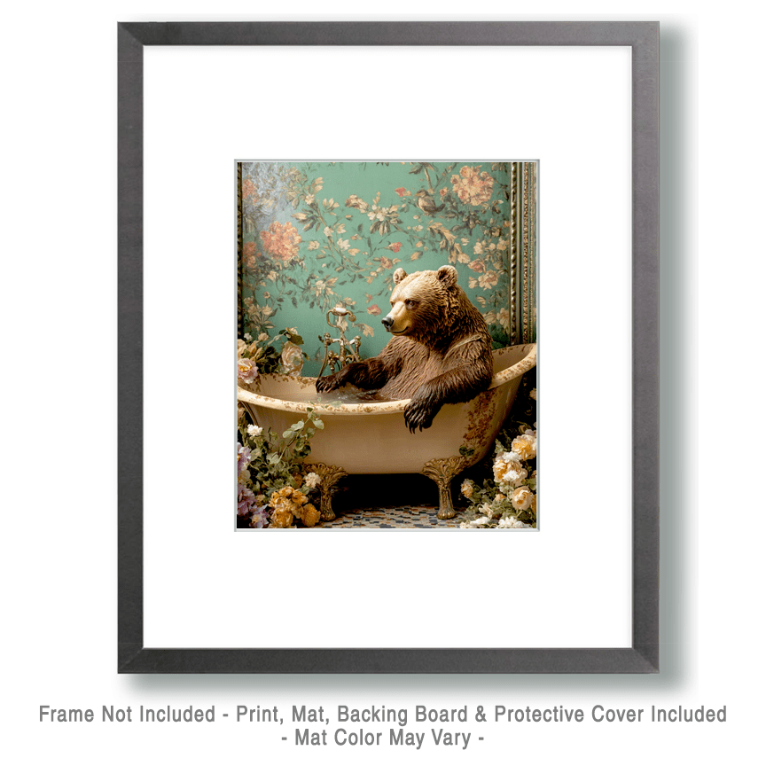 Mowbi - Grizzly Bear in Bathtub - Bathroom Wall Art Prints – 8″x10″ Artwork for 11″x14″ Frame