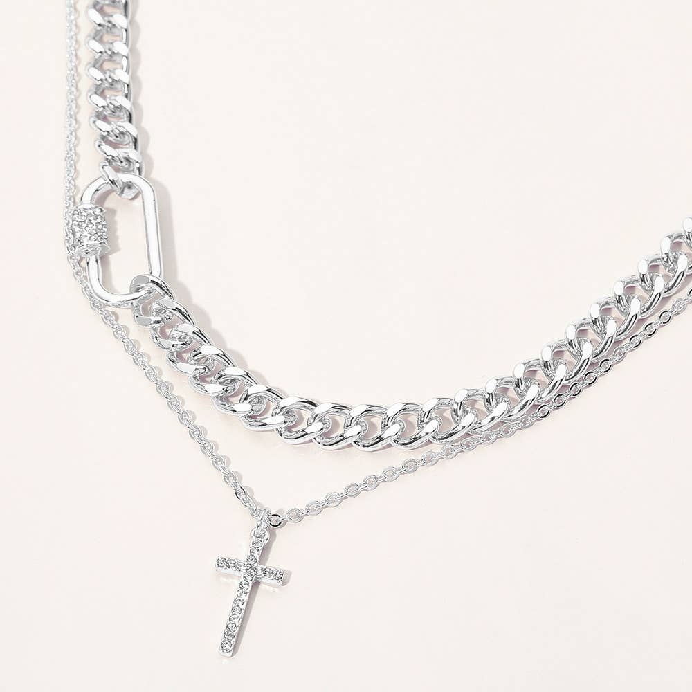 Sensibling Corp. - 2PCS - Gold Dipped Stone Pave Cross Pendant Carabiner Accent Chunky Chain Necklaces: Clear,Gold