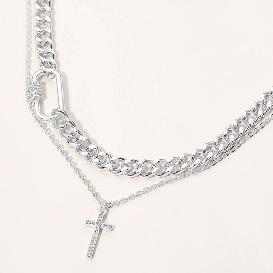 Sensibling Corp. - 2PCS - Gold Dipped Stone Pave Cross Pendant Carabiner Accent Chunky Chain Necklaces: Clear,Rhodium