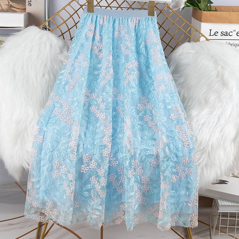 PEACH ACCESSORIES - SK119 Delicate flowers embellished skirts: Cream