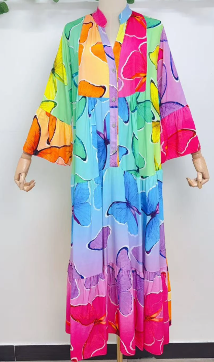 LOOWIE - SVBP One Size Colorful Pink Butterfly Print Maxi Dress