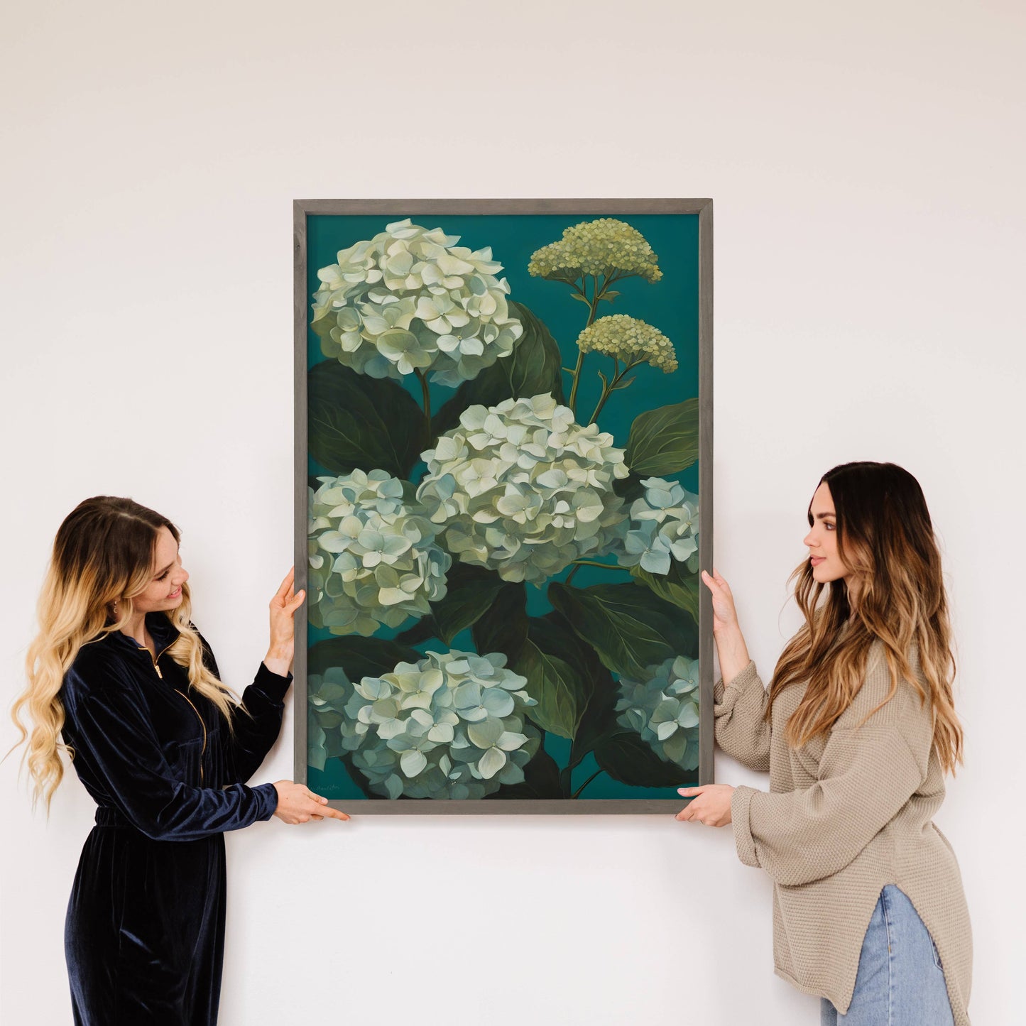 Hangout Home - Teal Hydrangeas - Flower Canvas Art - Wood Framed Floral Art: 24x36" Extra Large Canvas Art with Thick Wood Frame