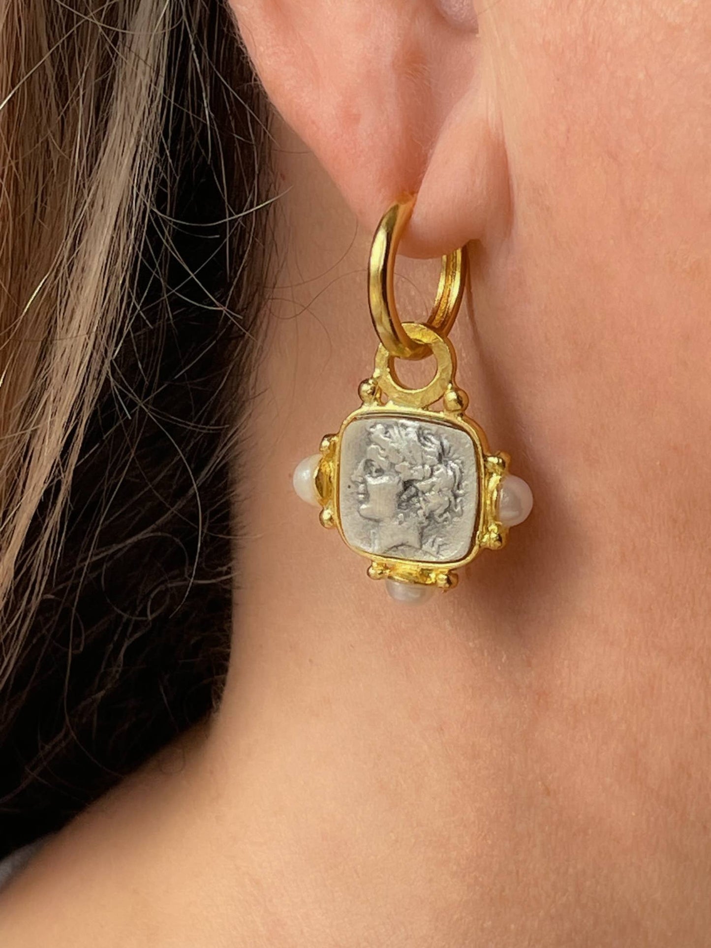 AJS Design Studio - 2 tone hoop earring with roman coin and pearl accents