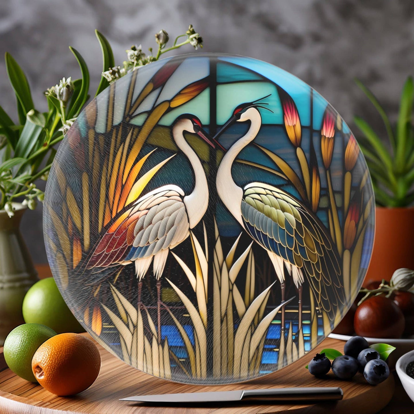 Fernville Creations - Crane Charcuterie Tempered Glass Cutting Board, Serving Tray: 12 - Inch