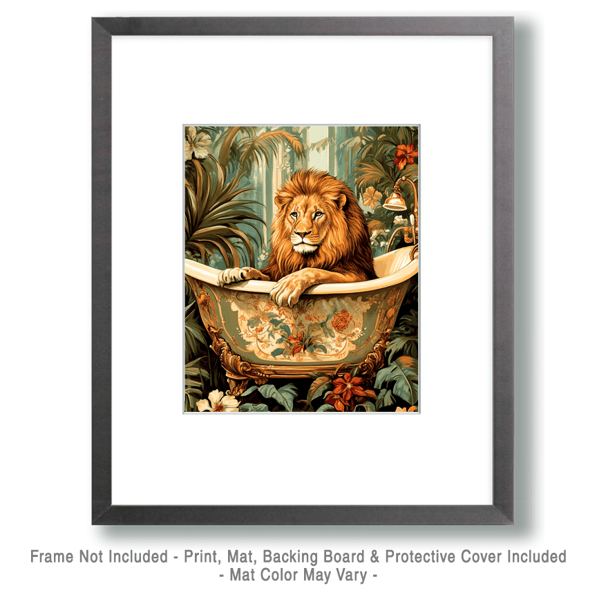 Mowbi - Lion in Victorian Bathtub - Bathroom Wall Art Prints – 8″x10″ Artwork for 11″x14″ Frame