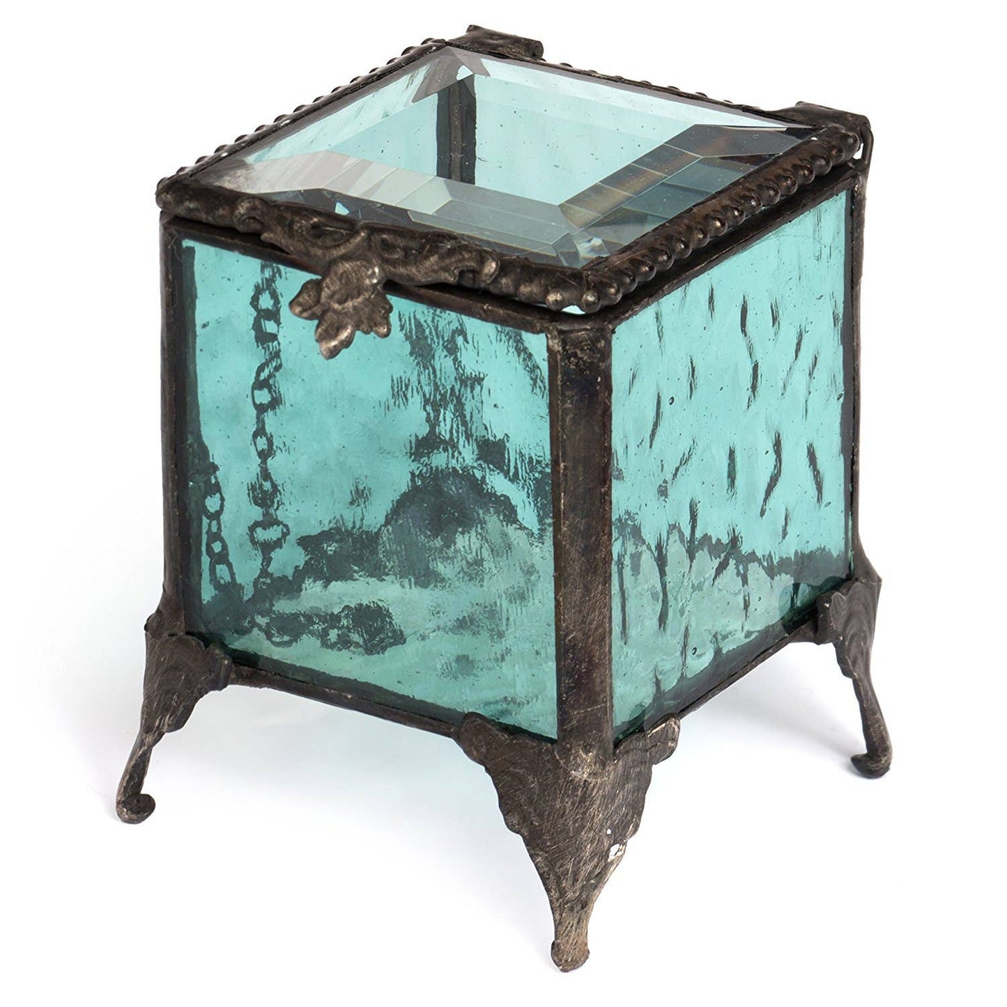 J Devlin Glass Art & Bert Anderson Collection - Turquoise Blue Stained Glass Jewelry Box by J Devlin