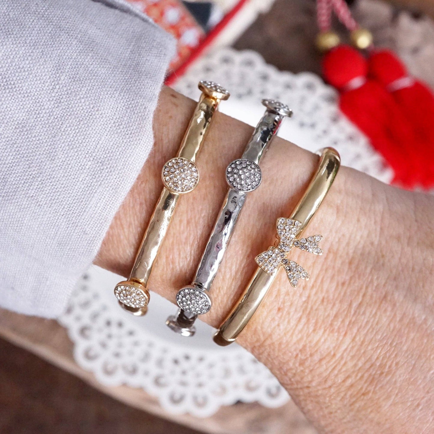 PennyLine inc - Stretchy Bangle with Crystal Pavé Round Accents – Gold or Silver Tone: Gold Tone