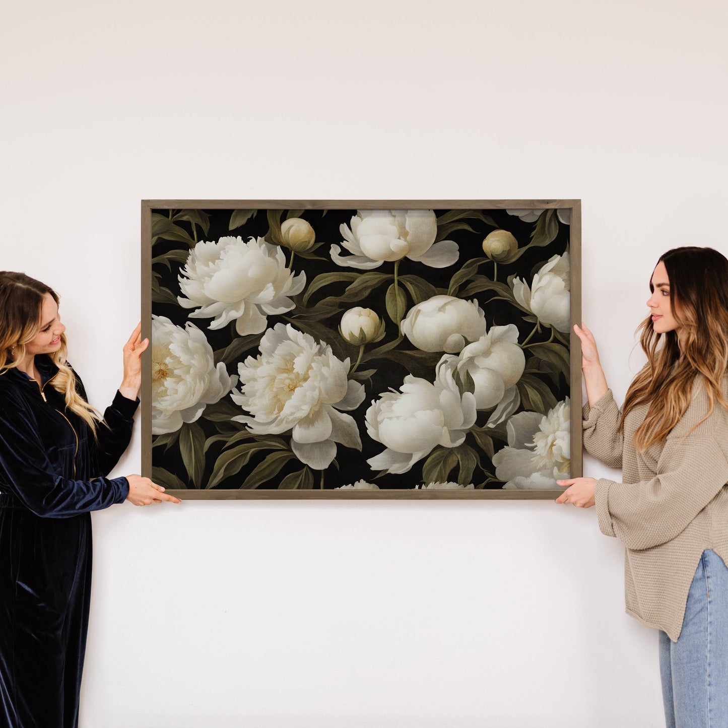 Hangout Home - White Peonies - Floral Canvas Art - Framed Farmhouse Decor: 24x36" Extra Large Canvas Art with Thick Wood Frame
