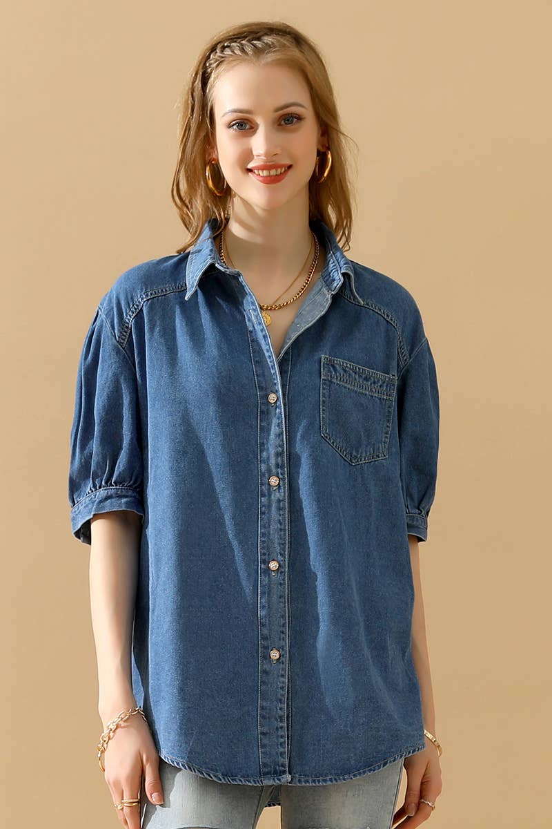 NINEXIS - CWJT0001-B_SHORT PUFF SLEEVE BUTTON DOWN DENIM SHIRTS: DENIM / (M) 1