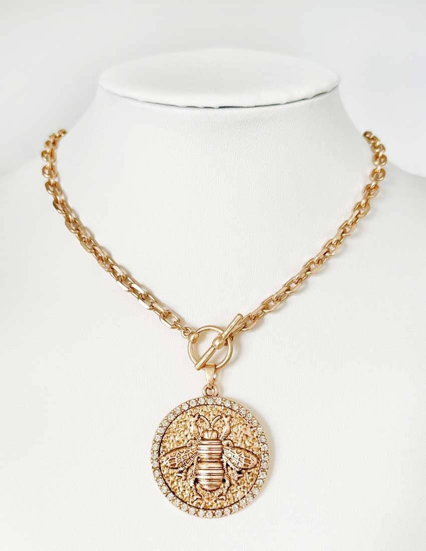 Pretty Persuasions - N25064 Large Rhinestone Adorned Bee Coin Pendant Necklace : 02 WS