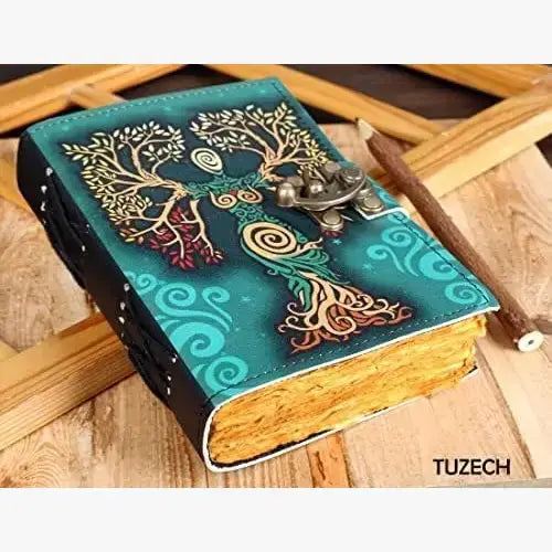 Tuzech Leather - Tree of Lady Leather Journal with Lock – Handmade Diary: 7 x 5 Inches / Green Lady
