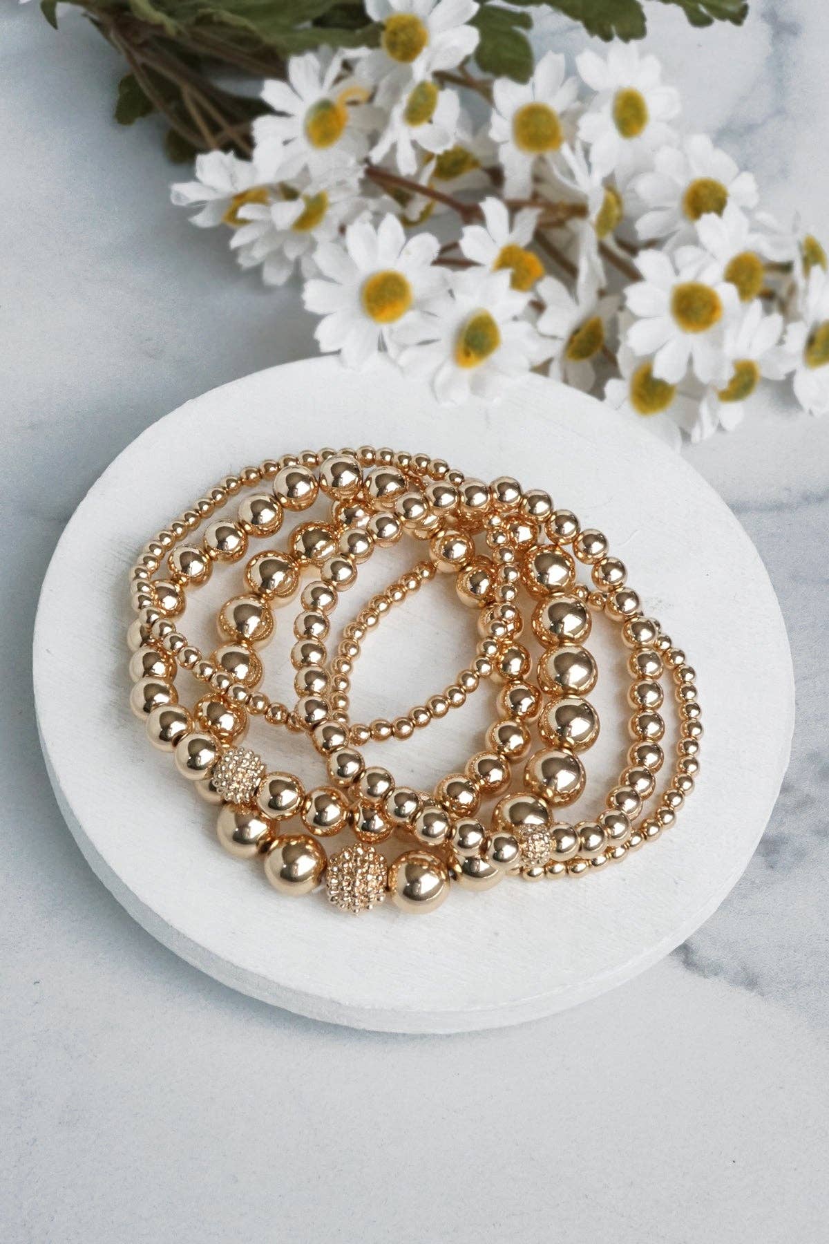 PennyLine inc - Multi size ball beaded bracelet stack Gold tone bracelet set