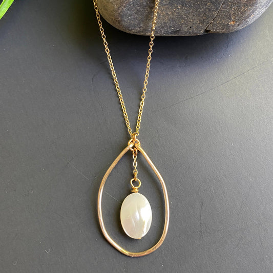 Marble Designs Jewelry - Gold Hammered Organic Hoop with Mother of Pearl Necklace