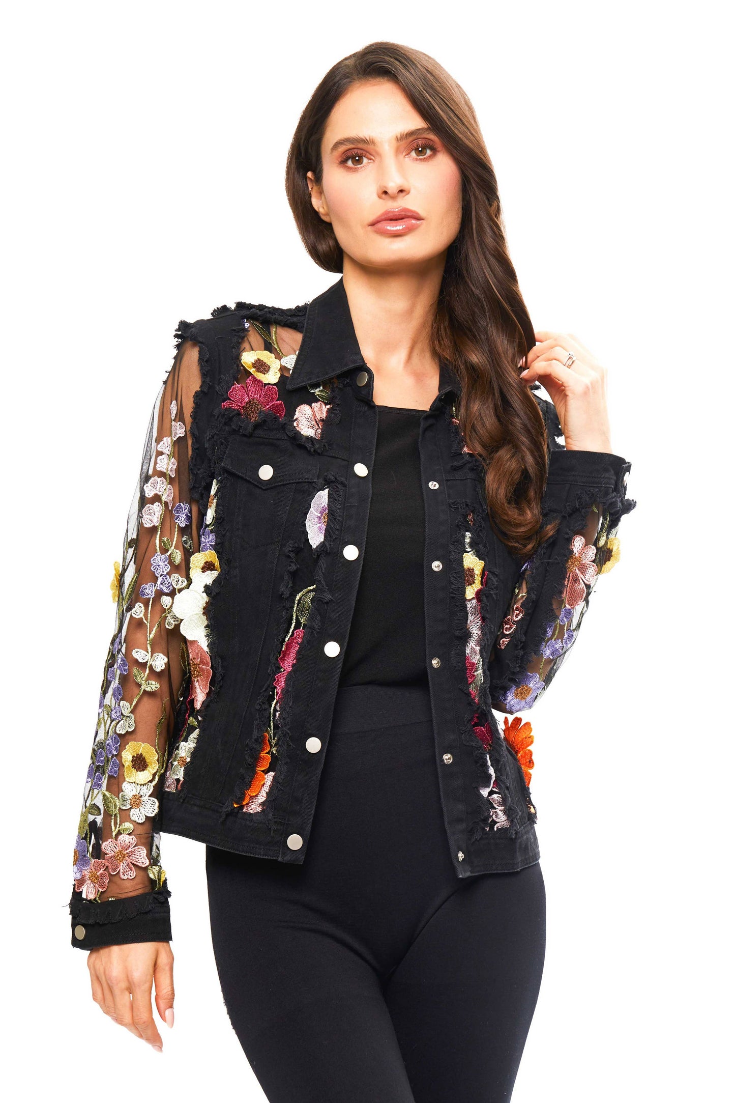 Adore - 2406B Black Denim Lace Jacket with Floral Embroidery: Black / L