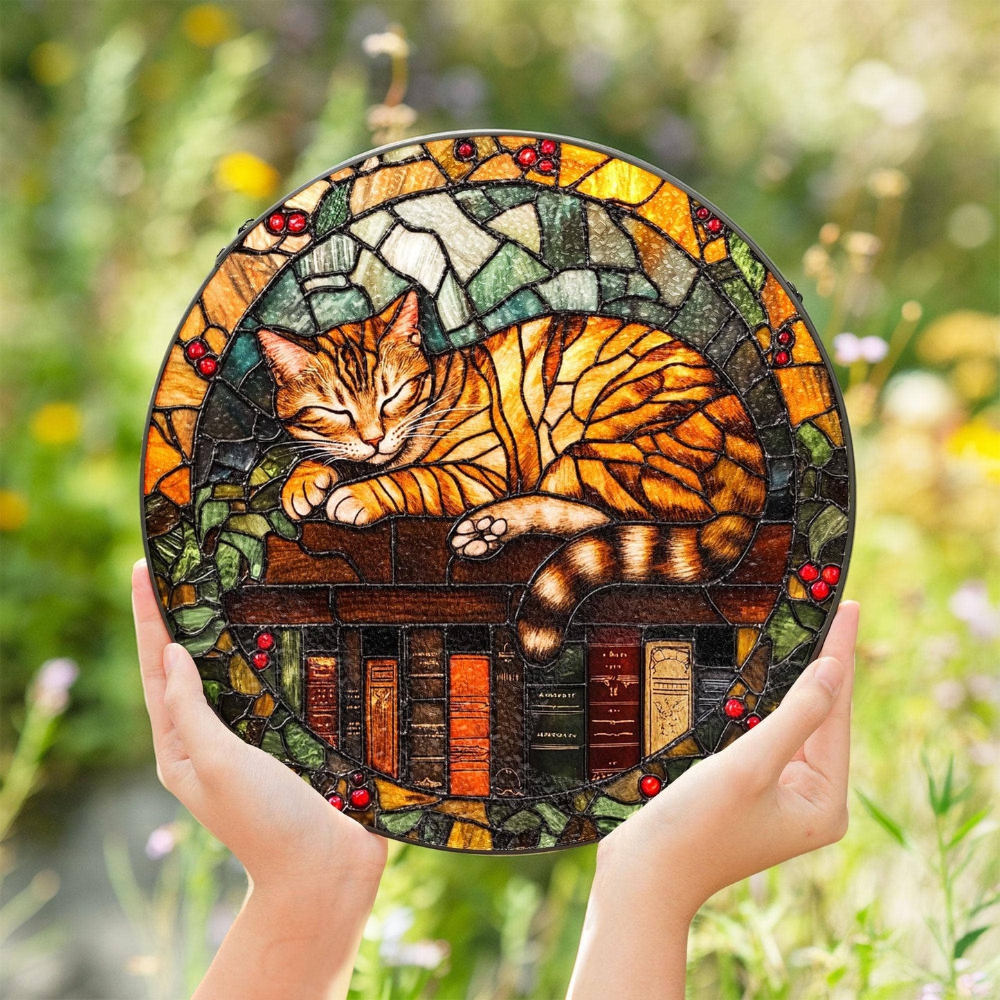NVC Ecommerce LLC - Sleeping Cat On Books Stained Glass Suncatcher, Book Lover : 11.8in
