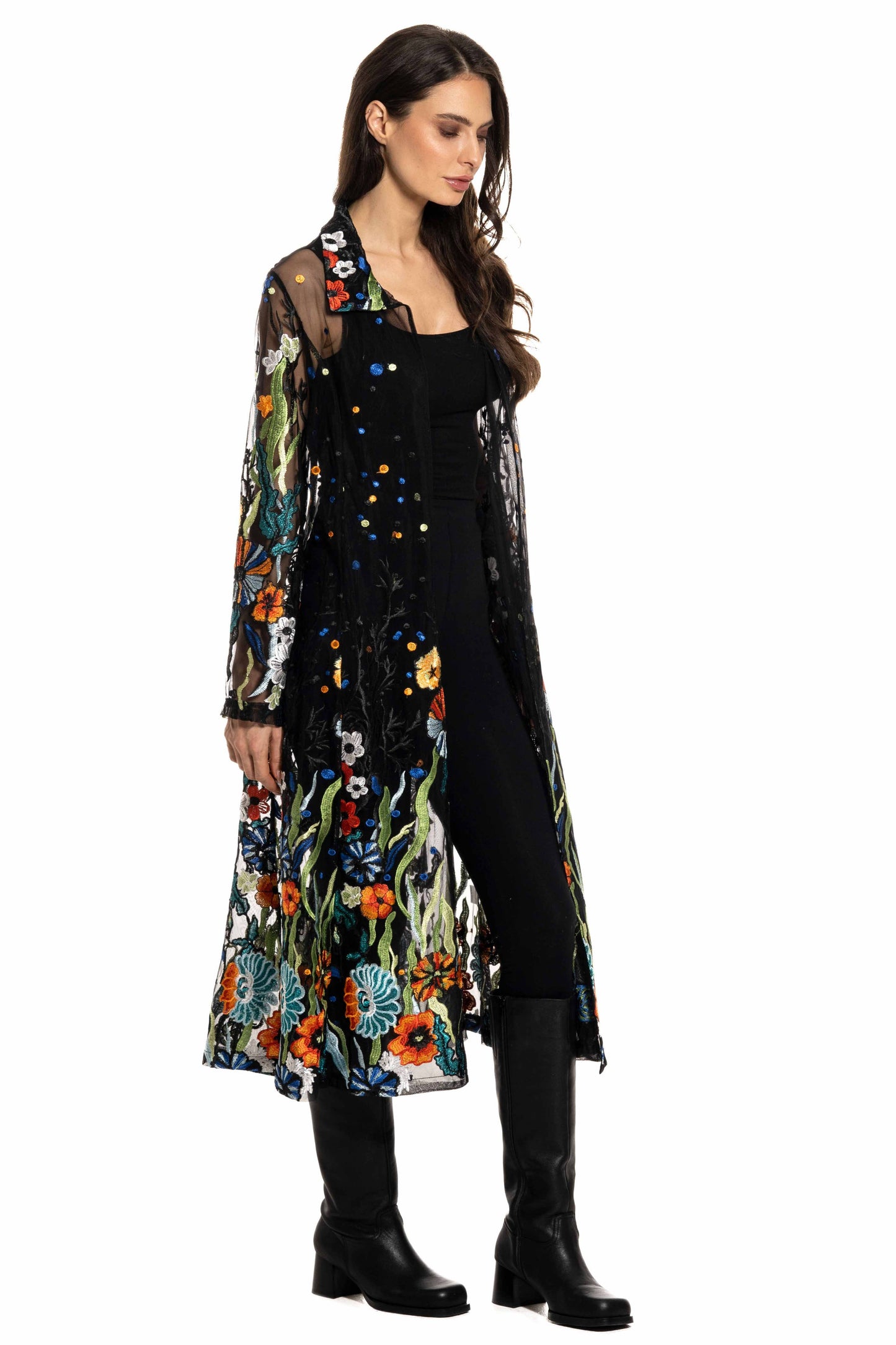 Adore - T417BK - Long Black Embroidered Sheer Duster: S