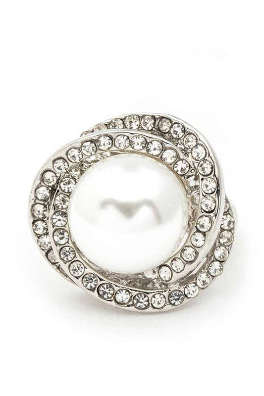 Artini Accessories - Pearl & Crystals Stretch Ring: Silver