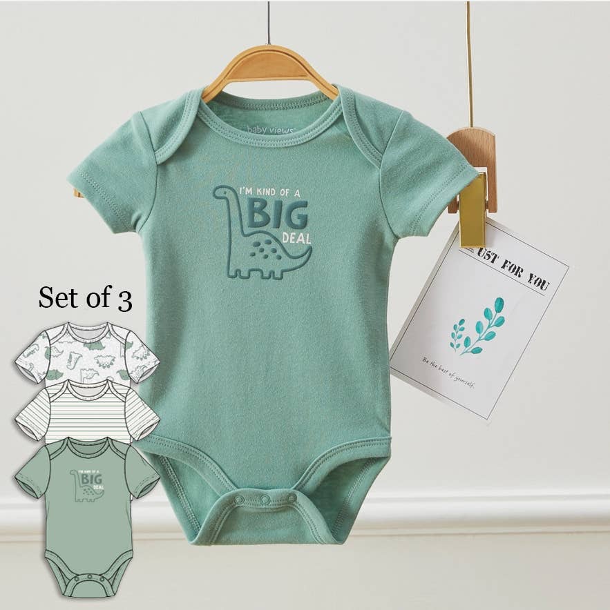 Lollipop Dreams - Pack of 3 Baby Boys Dinosaur Pattern Bodysuits Short Sleeve: 6-9M