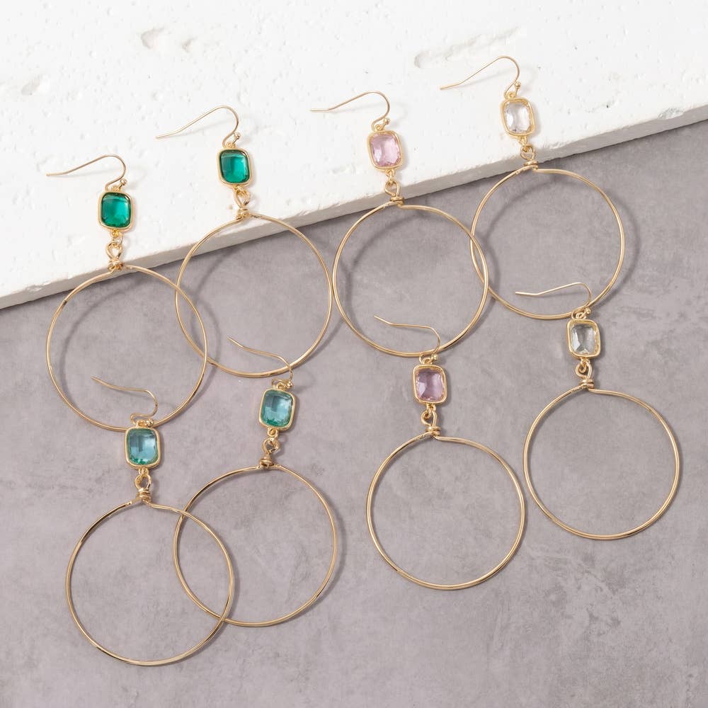 The Looks by Fame Accessories - Square Glass Bezel Drop Open Hoop Earrings: TQ