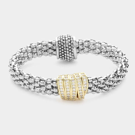 Sensibling Corp. - 14K Gold Plated CZ Paved Charm Mesh Metal Magnetic Bracelet