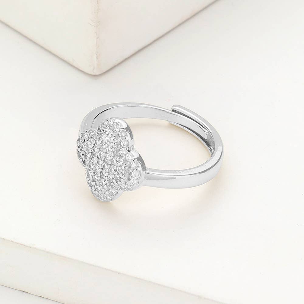 Sensibling Corp. - Gold Dipped CZ Stone Paved Quatrefoil Adjustable Ring: Clear,Gold
