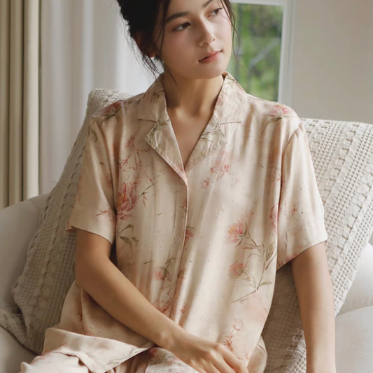 DrifWoo - Vintage Rose Short-Sleeve Pajama Set – Elegant Sleepwear: S