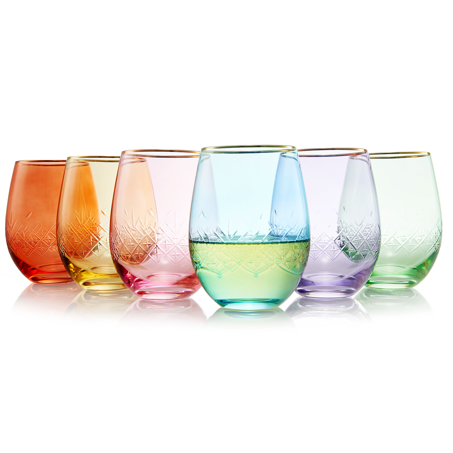 The Wine Savant /  Khen Glassware - Art Deco Colored Crystal Stemless Wine Glass Set of 6, 15 oz