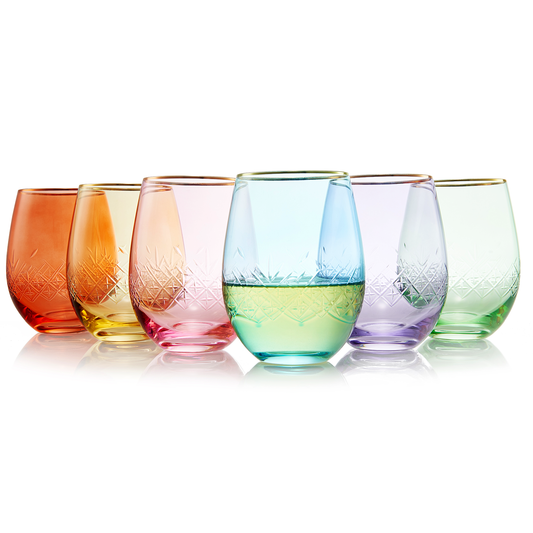 The Wine Savant /  Khen Glassware - Art Deco Colored Crystal Stemless Wine Glass Set of 6, 15 oz
