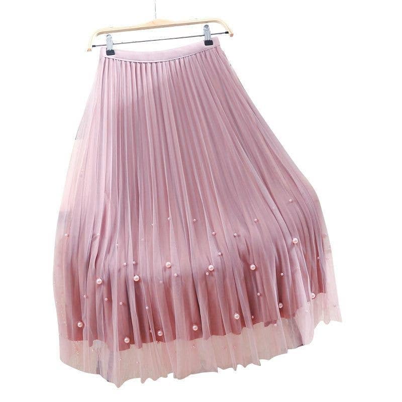 PEACH ACCESSORIES - Elegant Pleated Midi Skirt with Pearl Details SK209: Champagne