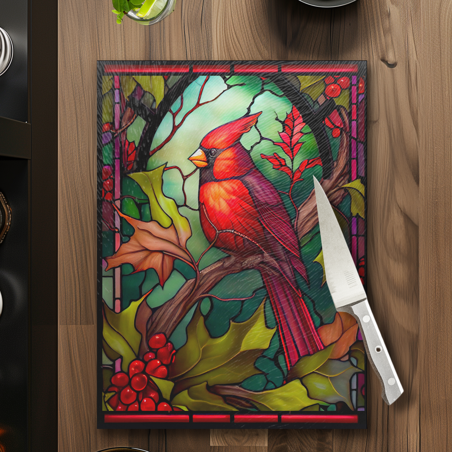 Fernville Creations - Cardinal Tempered Glass Cutting Board, Charcuterie Board: 11 X 15 - Inch
