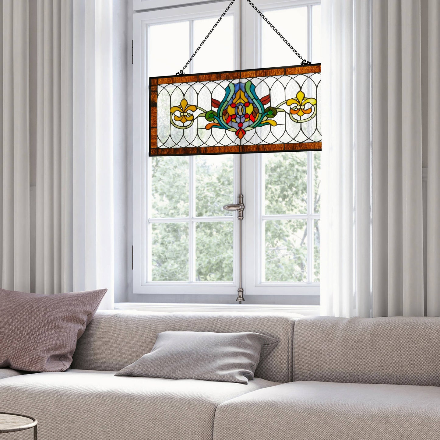 River of Goods - 30"L Fleur De Lis Victorian Stained Glass Pub Window Panel: Amber