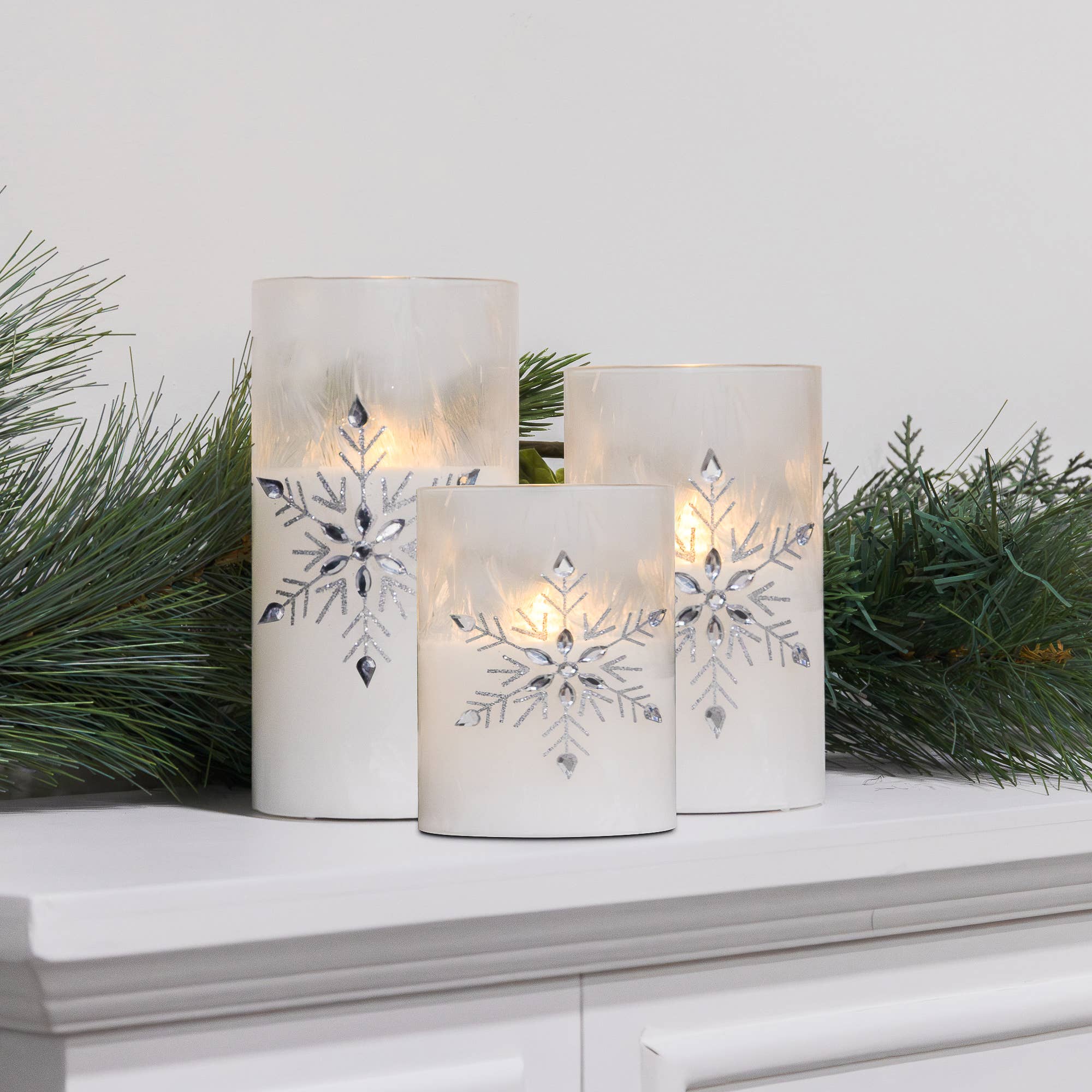 LumaBase Battery Operated Glass Snowflake Hurricanes